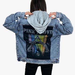 Handmade Hooded Acid Wash Denim Jacket - Pink Floy